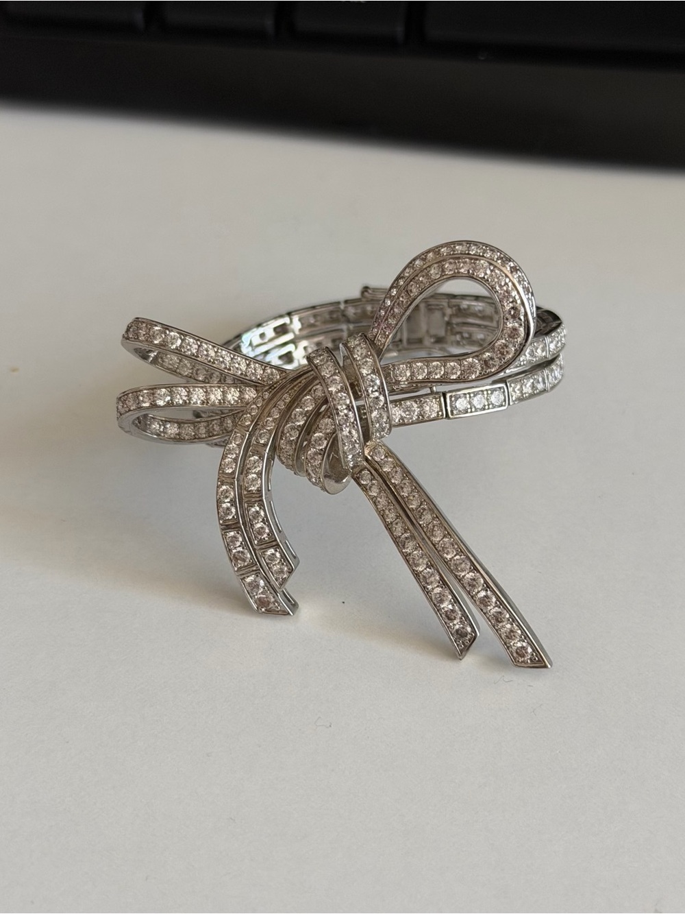 Sparkling Pave Crystal Bow Bangle Bracelet – Silver Tone Statement Cuff